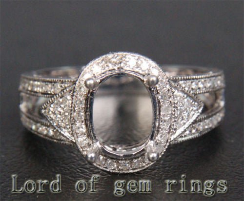 Diamond Engagement Semi Mount Ring 14K White Gold Setting Oval 6.5x8.5mm Milgrain