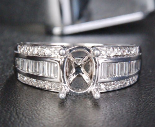 Diamond Engagement Semi Mount Ring 14K White Gold Setting Oval 6x8mm - Baguette/Round VS/SI