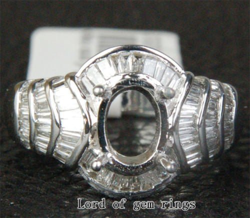 Diamond Engagement Semi Mount Ring 14K White Gold Setting Oval 6x8mm - VS Baguette Diamonds - Lord of Gem Rings