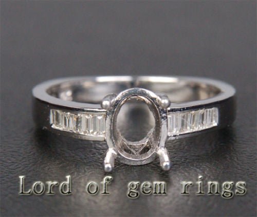 Diamond Engagement Semi Mount Ring 14K White Gold Setting Oval 6x8mm -VS Baguette Diamonds