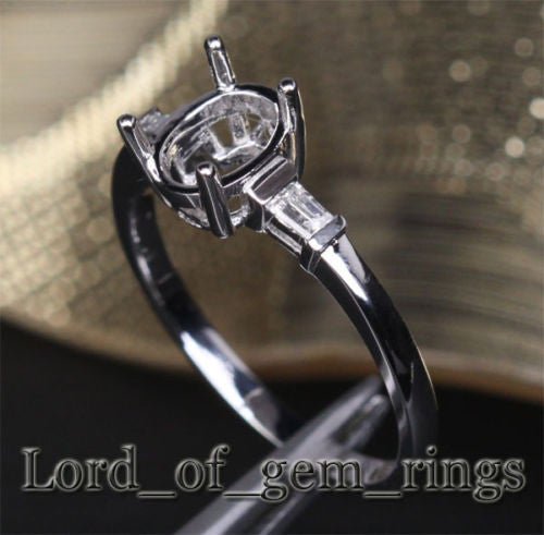 Diamond Engagement Semi Mount Ring 14K White Gold Setting Oval 6x8mm - VS/H Baguette Diamonds - Lord of Gem Rings
