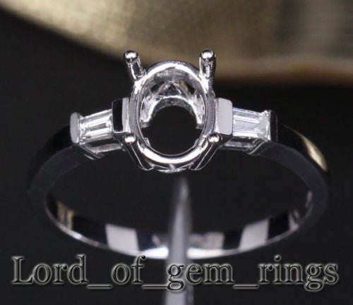 Diamond Engagement Semi Mount Ring 14K White Gold Setting Oval 6x8mm - VS/H Baguette Diamonds