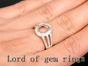 Diamond Engagement Semi Mount Ring 14K White Gold Setting Oval 7.5x9.5mm Milgrain - Lord of Gem Rings