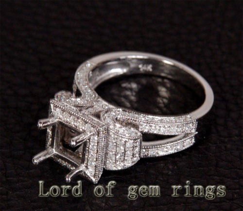 Diamond Engagement Semi Mount Ring 14K White Gold Setting Princess 5.5-6.5mm Milgrain - Lord of Gem Rings