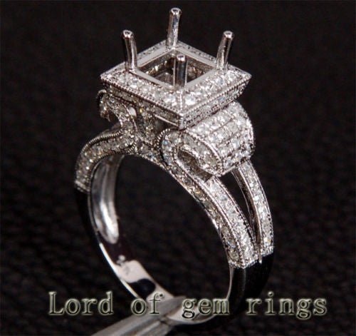 Diamond Engagement Semi Mount Ring 14K White Gold Setting Princess 5.5-6.5mm Milgrain - Lord of Gem Rings