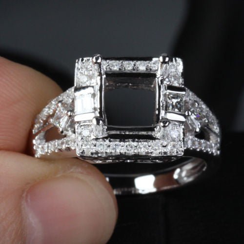 Diamond Engagement Semi Mount Ring 14K White Gold Setting Princess 7mm - Lord of Gem Rings