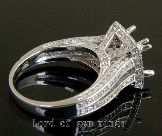 Diamond Engagement Semi mount Ring 14K White Gold Setting Princess 7mm Milgrain - Lord of Gem Rings