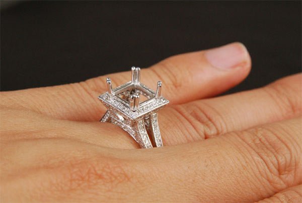 Diamond Engagement Semi mount Ring 14K White Gold Setting Princess 7mm Milgrain - Lord of Gem Rings