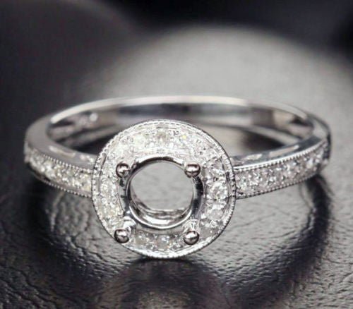 Diamond Engagement Semi Mount Ring 14k White gold Setting Round 5.5mm Milgrain