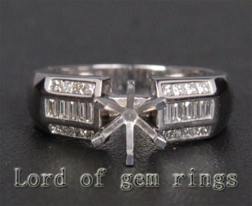 Diamond Engagement Semi Mount Ring 14K White Gold Setting Round 6-6.5mm - VS Baguette/Princess Diamonds