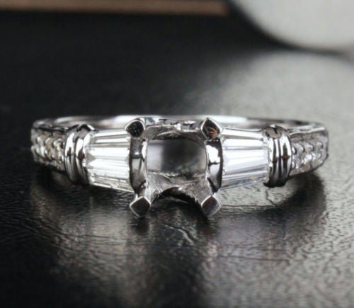 Diamond Engagement Semi Mount Ring 14K White Gold Setting Round 6.5-7mm