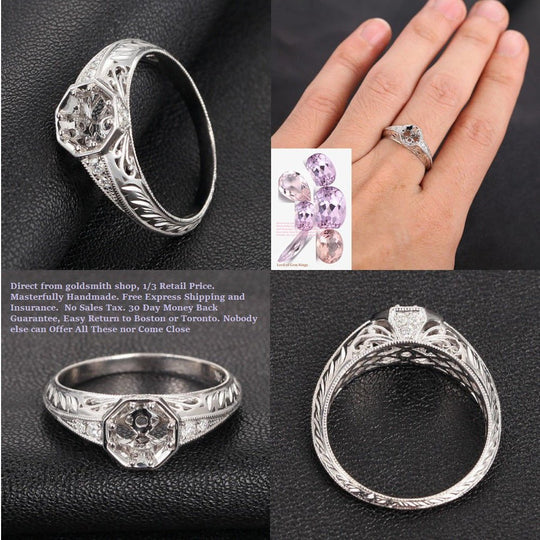 Diamond Engagement Semi Mount ring 14K White Gold Setting Round 6.5mm Filigree Hand Engraved