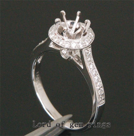 Diamond Engagement Semi Mount Ring 14K White Gold Setting Round 6.5mm Milgrain - Lord of Gem Rings