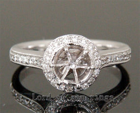 Diamond Engagement Semi Mount Ring 14K White Gold Setting Round 6.5mm Milgrain - Lord of Gem Rings