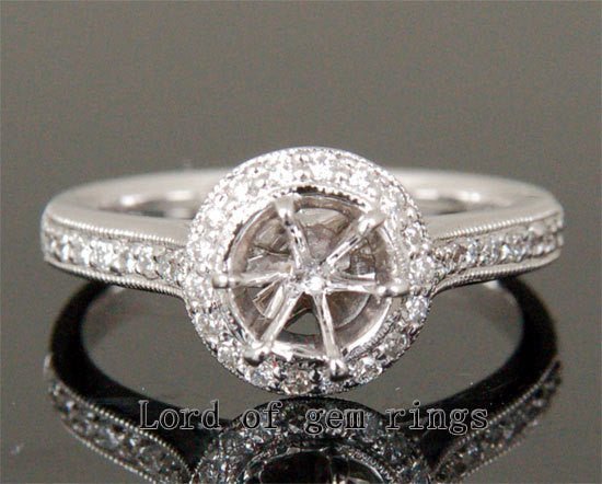 Diamond Engagement Semi Mount Ring 14K White Gold Setting Round 6.5mm Milgrain - Lord of Gem Rings