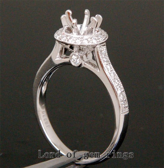 Diamond Engagement Semi Mount Ring 14K White Gold Setting Round 6.5mm Milgrain - Lord of Gem Rings