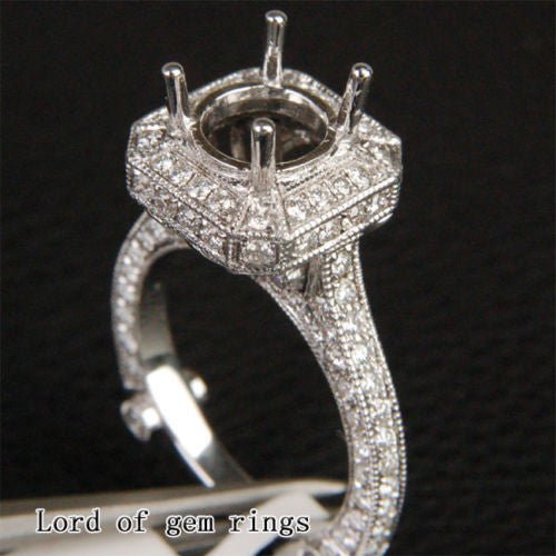 Diamond Engagement Semi Mount Ring 14K White Gold Setting Round 6.8-7.5mm Milgrain - VS/H - Lord of Gem Rings