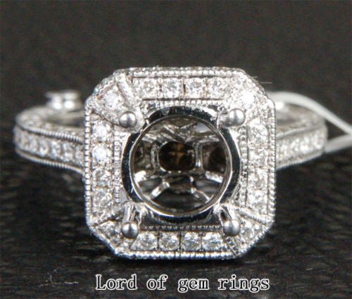 Diamond Engagement Semi Mount Ring 14K White Gold Setting Round 6.8-7.5mm Milgrain - VS/H