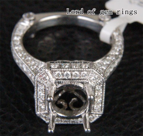 Diamond Engagement Semi Mount Ring 14K White Gold Setting Round 6.8-7.5mm Milgrain - VS/H - Lord of Gem Rings