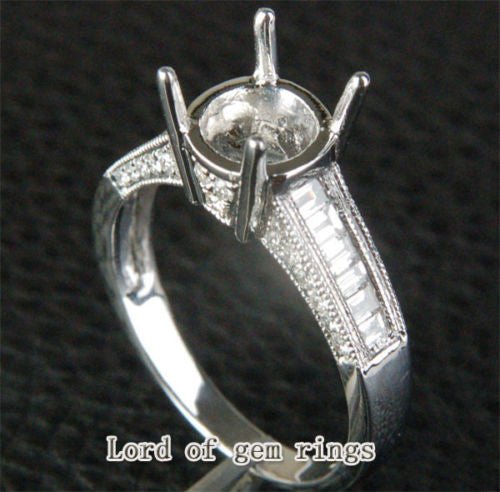 Diamond Engagement Semi Mount Ring 14K White Gold Setting Round 7.5-8mm, Channel, Milgrain - Lord of Gem Rings