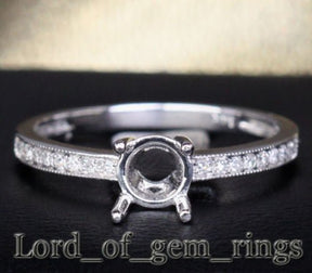 Diamond Engagement Semi Mount Ring 14kt White gold Setting Round 5mm Milgrain - Lord of Gem Rings