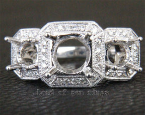 Diamond Engagement Semi Mount Three-Stone Ring 18K White Gold Setting Round 7mm/5mm, Antique Style - Lord of Gem Rings