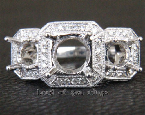 Diamond Engagement Semi Mount Three-Stone Ring 18K White Gold Setting Round 7mm/5mm, Antique Style - Lord of Gem Rings