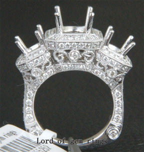Diamond Engagement Semi Mount Three-Stone Ring 18K White Gold Setting Round 7mm/5mm, Antique Style - Lord of Gem Rings