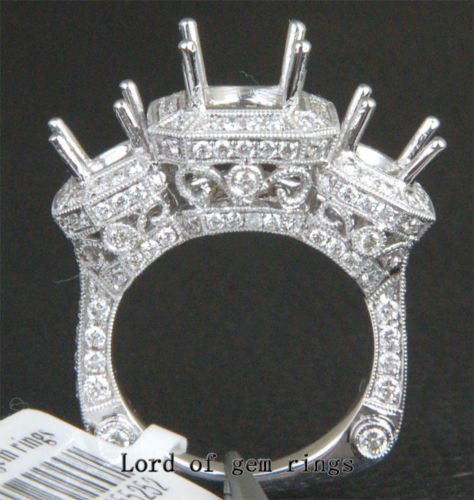 Diamond Engagement Semi Mount Three-Stone Ring 18K White Gold Setting Round 7mm/5mm, Antique Style