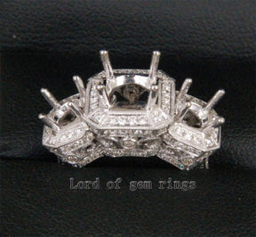 Diamond Engagement Semi Mount Three-Stone Ring 18K White Gold Setting Round 7mm/5mm, Antique Style - Lord of Gem Rings
