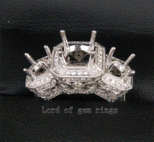 Diamond Engagement Semi Mount Three-Stone Ring 18K White Gold Setting Round 7mm/5mm, Antique Style - Lord of Gem Rings