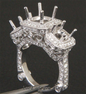 Diamond Engagement Semi Mount Three-Stone Ring 18K White Gold Setting Round 7mm/5mm, Antique Style - Lord of Gem Rings