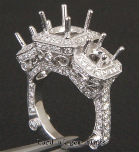 Diamond Engagement Semi Mount Three-Stone Ring 18K White Gold Setting Round 7mm/5mm, Antique Style - Lord of Gem Rings