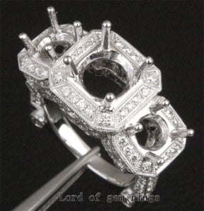 Diamond Engagement Semi Mount Three-Stone Ring 18K White Gold Setting Round 7mm/5mm, Antique Style - Lord of Gem Rings