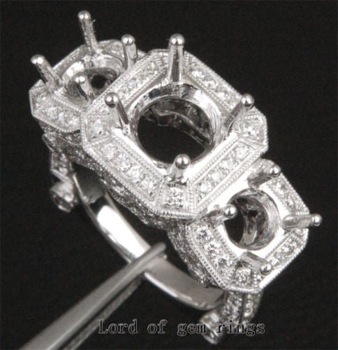 Diamond Engagement Semi Mount Three-Stone Ring 18K White Gold Setting Round 7mm/5mm, Antique Style - Lord of Gem Rings