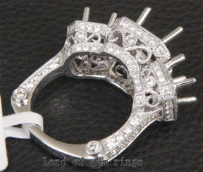 Diamond Engagement Semi Mount Three-Stone Ring 18K White Gold Setting Round 7mm/5mm, Antique Style - Lord of Gem Rings