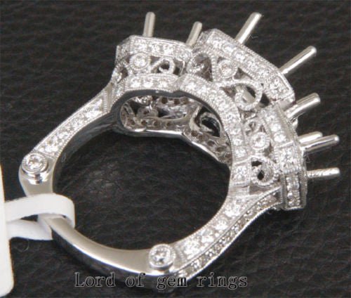Diamond Engagement Semi Mount Three-Stone Ring 18K White Gold Setting Round 7mm/5mm, Antique Style - Lord of Gem Rings