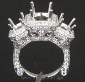 Diamond Engagement Semi Mount Three-Stone Ring 18K White Gold Setting Round 7mm/5mm, Antique Style - Lord of Gem Rings