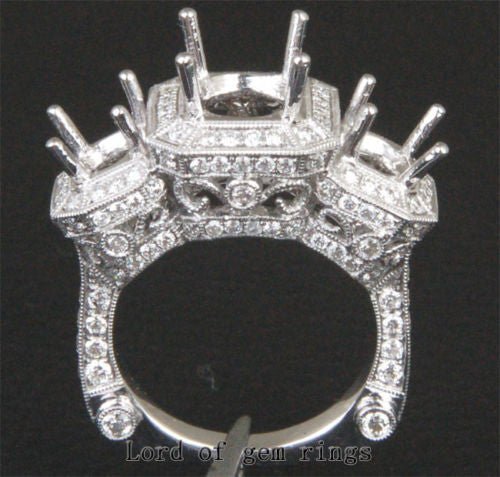 Diamond Engagement Semi Mount Three-Stone Ring 18K White Gold Setting Round 7mm/5mm, Antique Style - Lord of Gem Rings