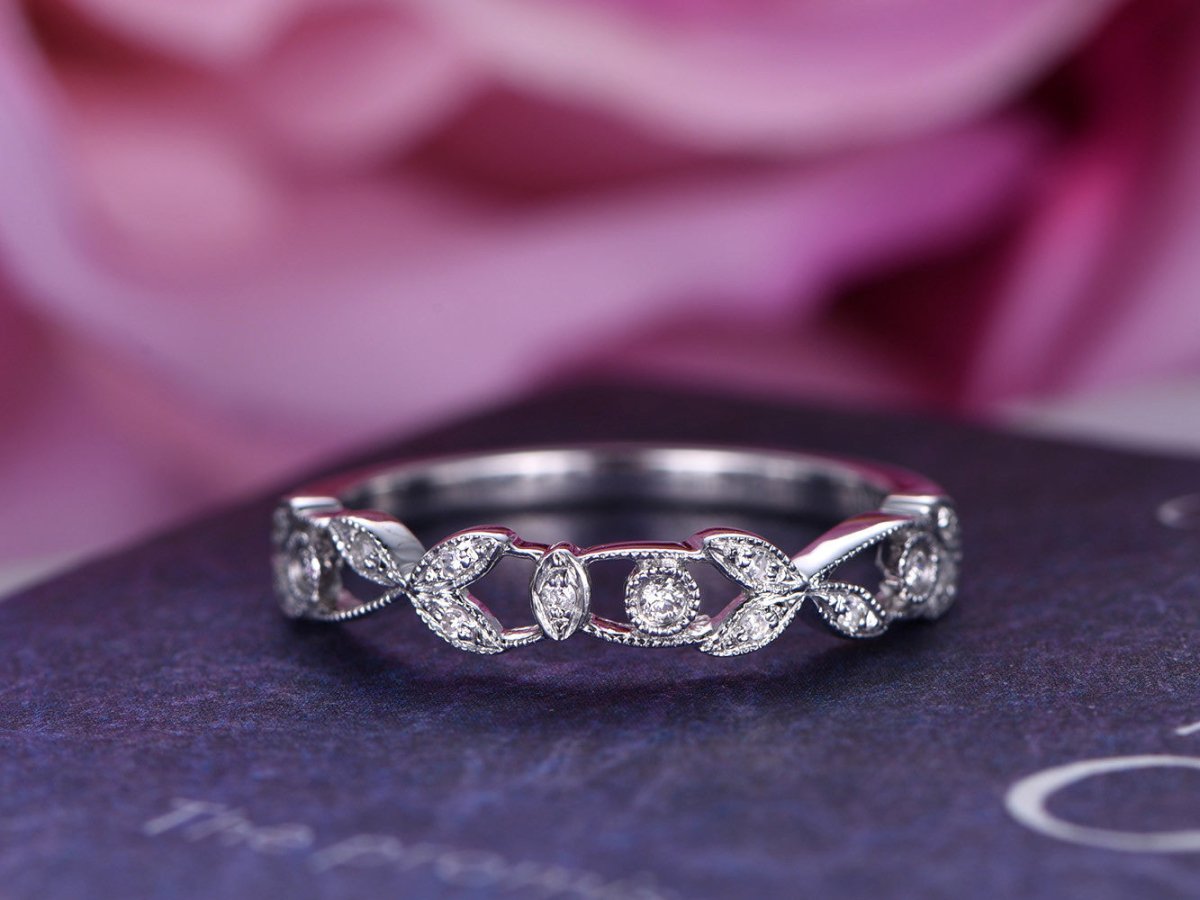 Diamond Floral Leaf Half Eternity Wedding Ring 14K White Gold - Lord of Gem Rings
