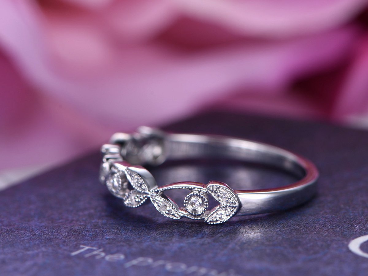 Diamond Floral Leaf Half Eternity Wedding Ring 14K White Gold - Lord of Gem Rings