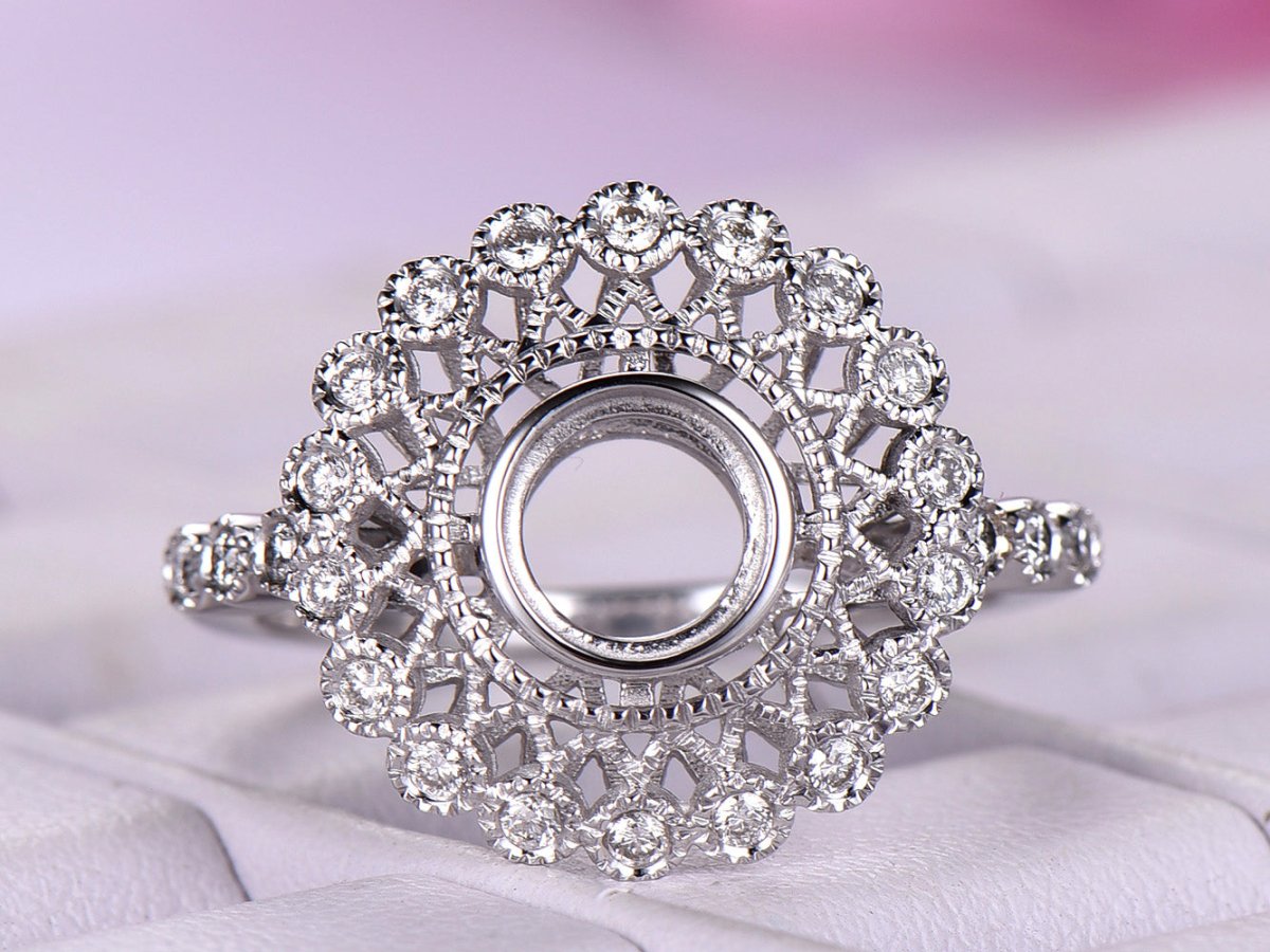 Diamond Flower Halo Round Semi Mount Ring - Lord of Gem Rings