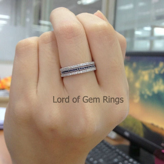 Diamond Sapphire September Birthstone Wedding Band Trio Set 14K White Gold