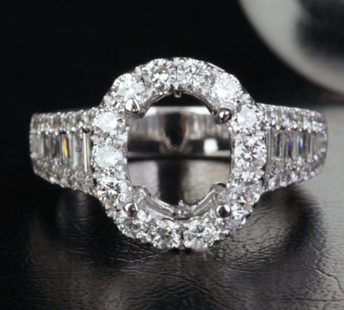 Diamond Semi Mount Ring 14K White Gold Baguette diamond shank Oval 8x10mm