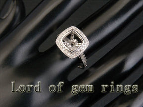 Diamond Semi Mount Ring 14K White Gold Bezel Setting Cushion 8mm Milgrain - Lord of Gem Rings