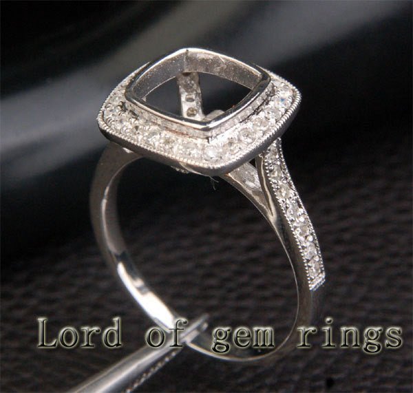 Diamond Semi Mount Ring 14K White Gold Bezel Setting Cushion 8mm Milgrain - Lord of Gem Rings