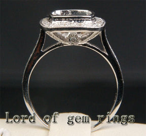 Diamond Semi Mount Ring 14K White Gold Bezel Setting Cushion 8mm Milgrain - Lord of Gem Rings