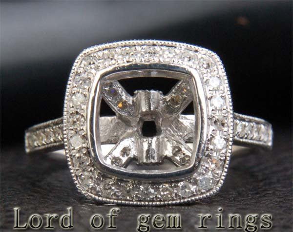 Diamond Semi Mount Ring 14K White Gold Bezel Setting Cushion 8mm Milgrain - Lord of Gem Rings