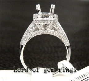 Diamond Semi Mount Ring 14K White Gold Setting Emerald Cut 6X8mm Milgrain - Lord of Gem Rings