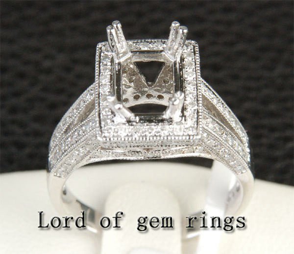 Diamond Semi Mount Ring 14K White Gold Setting Emerald Cut 6X8mm Milgrain - Lord of Gem Rings